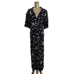 Vintage 80s 90s Floral Maxi Dress, navy blue
